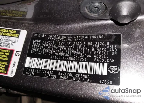 2022 Toyota Camry Le from USA, damaged, VIN 4T1C11AK4NU017251